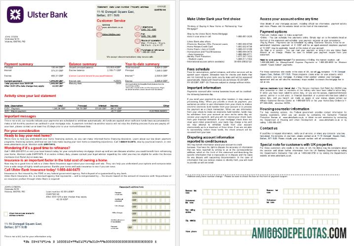Extrato de hipoteca do Ulster Bank do Reino Unido em formatos Word e PDF, 2 páginas amostra